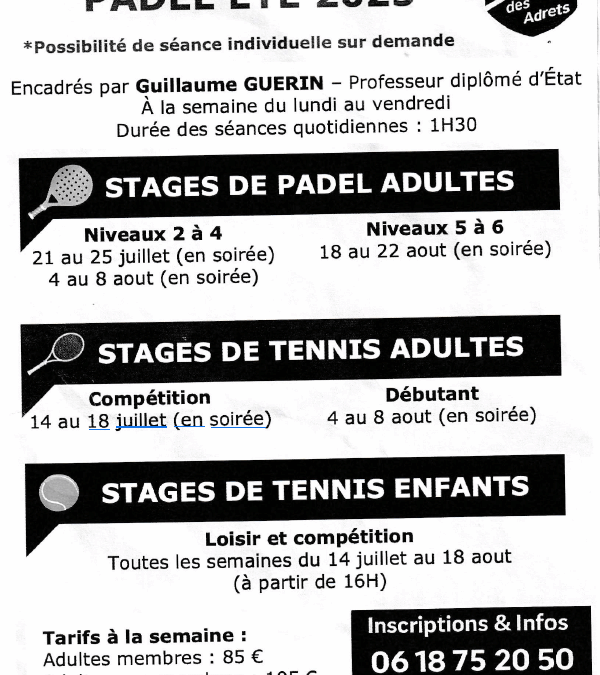 Eté 2025 – Stage Tennis et Padel